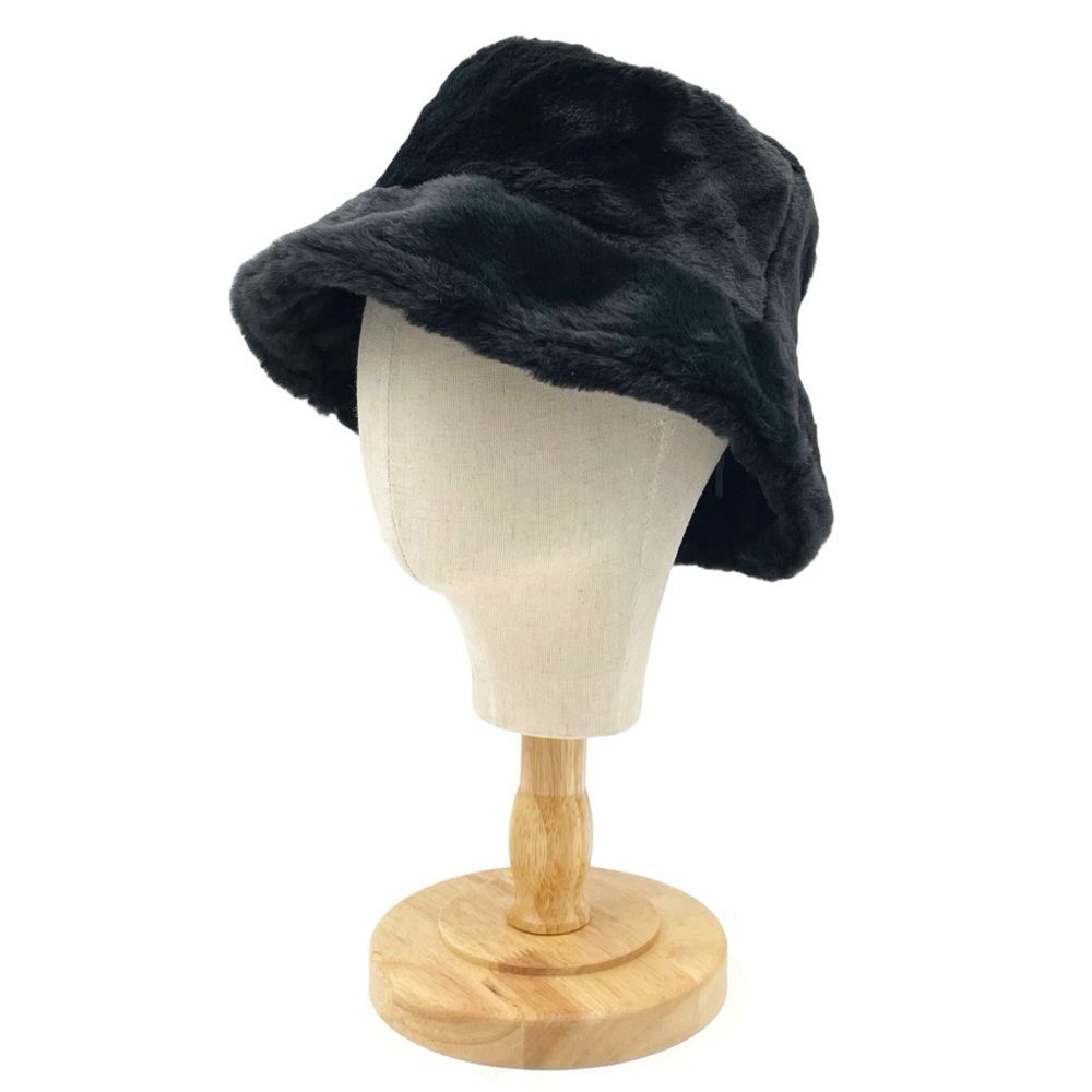 Black Faux Fur Bucket Hat Winter Soft Plush Fuzzy Warm Outerwear Unisex One Size - Picture 3 of 11